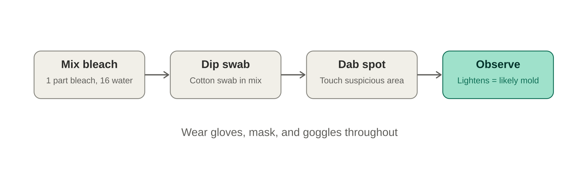 Step-by-step illustration of a diluted bleach swab test for suspected surface mold